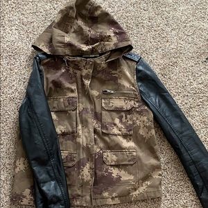 Leather x camo hooded jacket